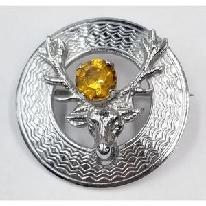 Vtg MIZPAH Stag Head Yellow Topaz Rhinestone Silvertone Brooch